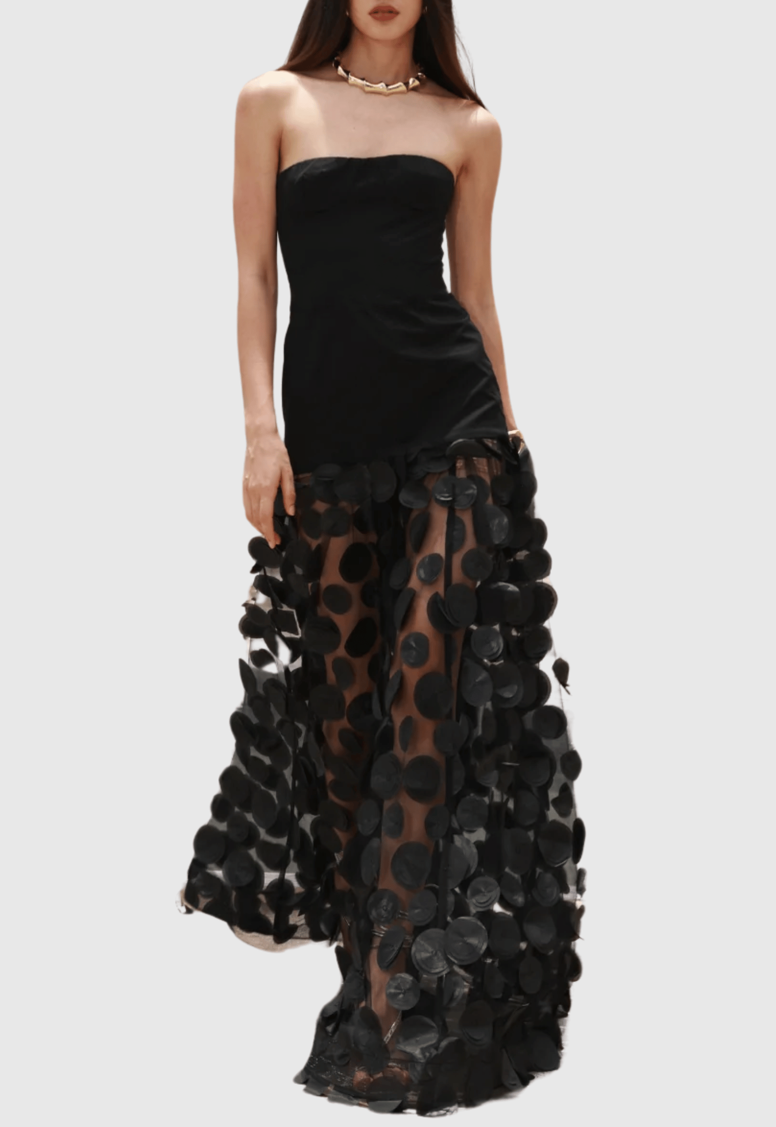 NODIN STRAPLESS DOT MESH MAXI BLACK EVENING DRESS