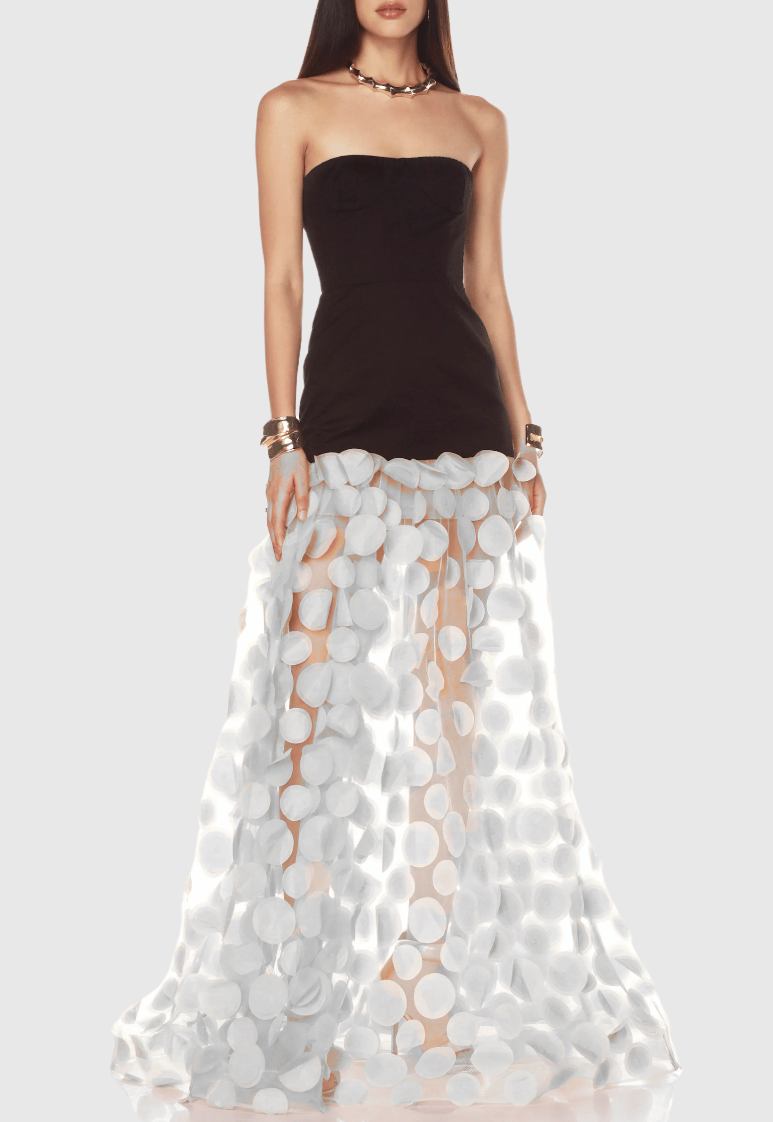 NODIN STRAPLESS DOT MESH MAXI DRESS WHITE