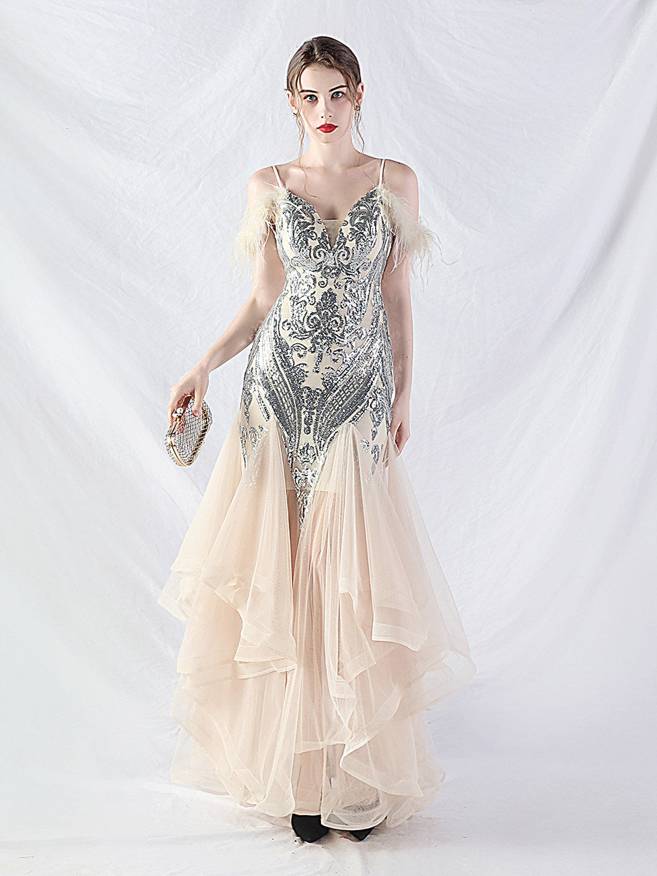 FEATHER SEQUIN STRAPLESS TULLE MAXI DRESS