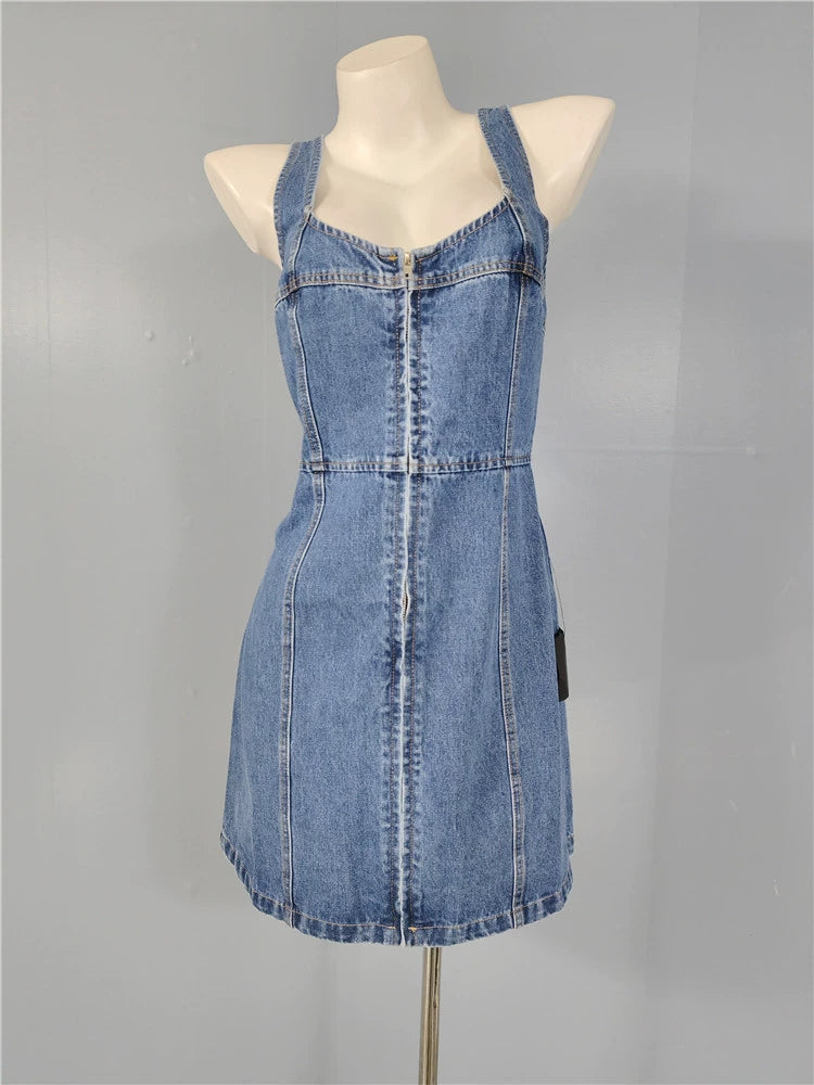 DENIM SQUARE NECK SUSPENDER SLIM MINI DRESS