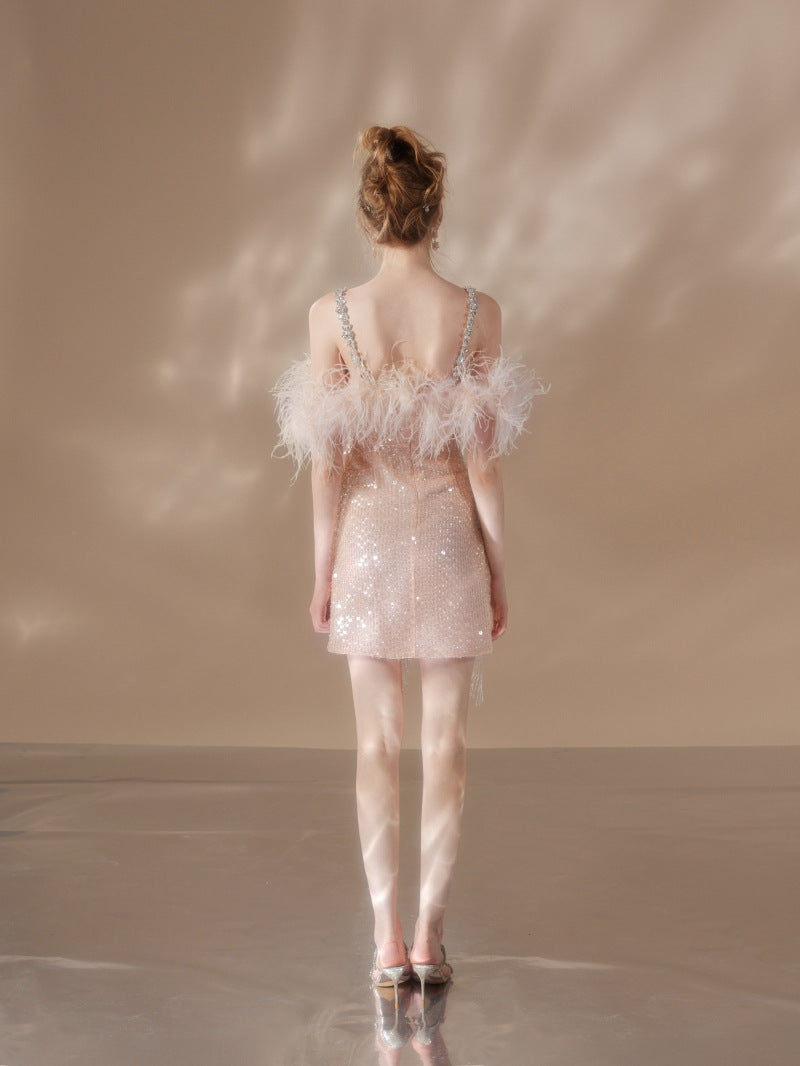 PRISCILLA SEQUIN FEATHER MINI DRESS, PINK