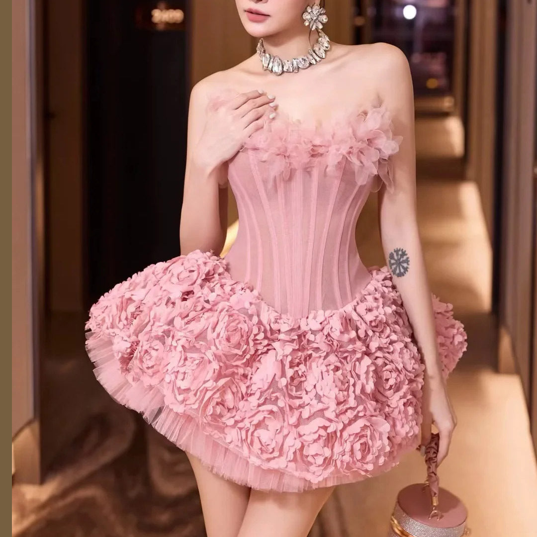 ALBERTA 3D FLOWER STRAPLESS PINK MINI DRESS
