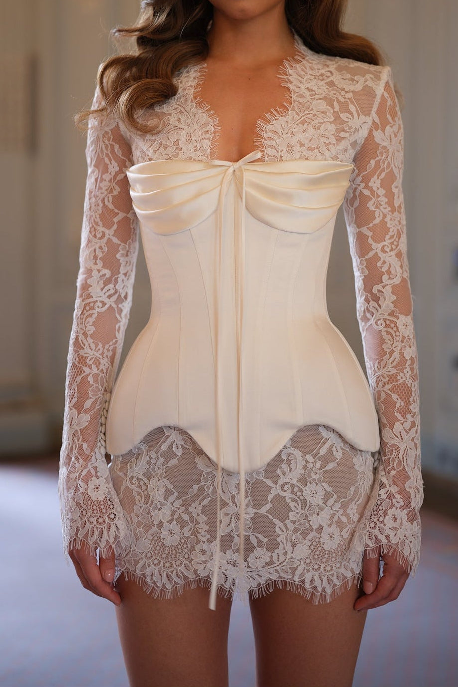 IVORY LACE SATIN CORSET MINI DRESS