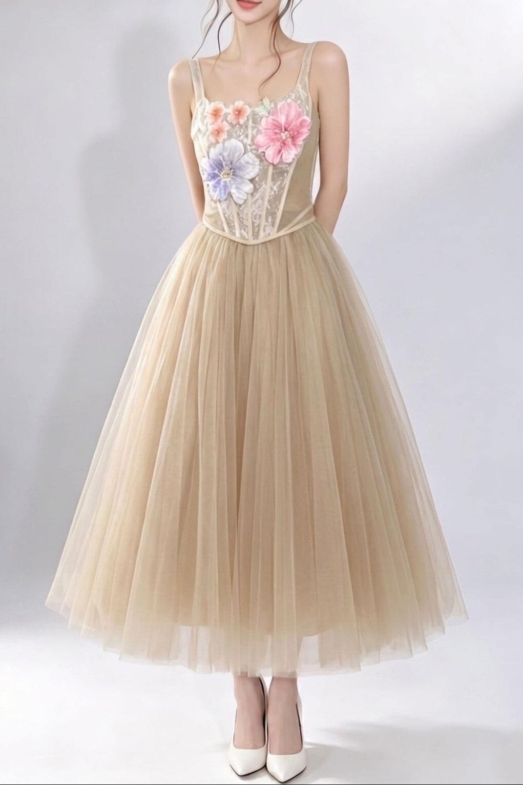 3D FLORAL TULLE SKIRT SET - CHAMPAGNE COCKTAIL