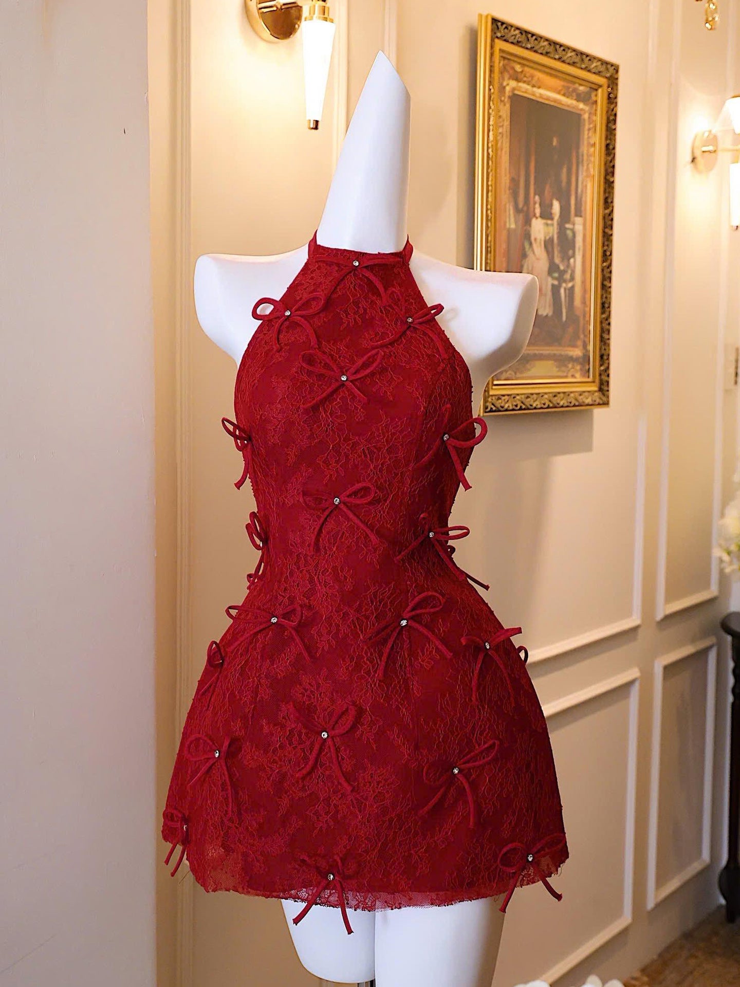 RED LACE HALTER BACKLESS MINI DRESS FOR PARTY