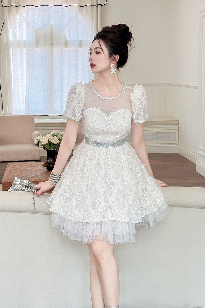 WHITE LACE SEQUIN PUFF SLEEVE MINI DRESS