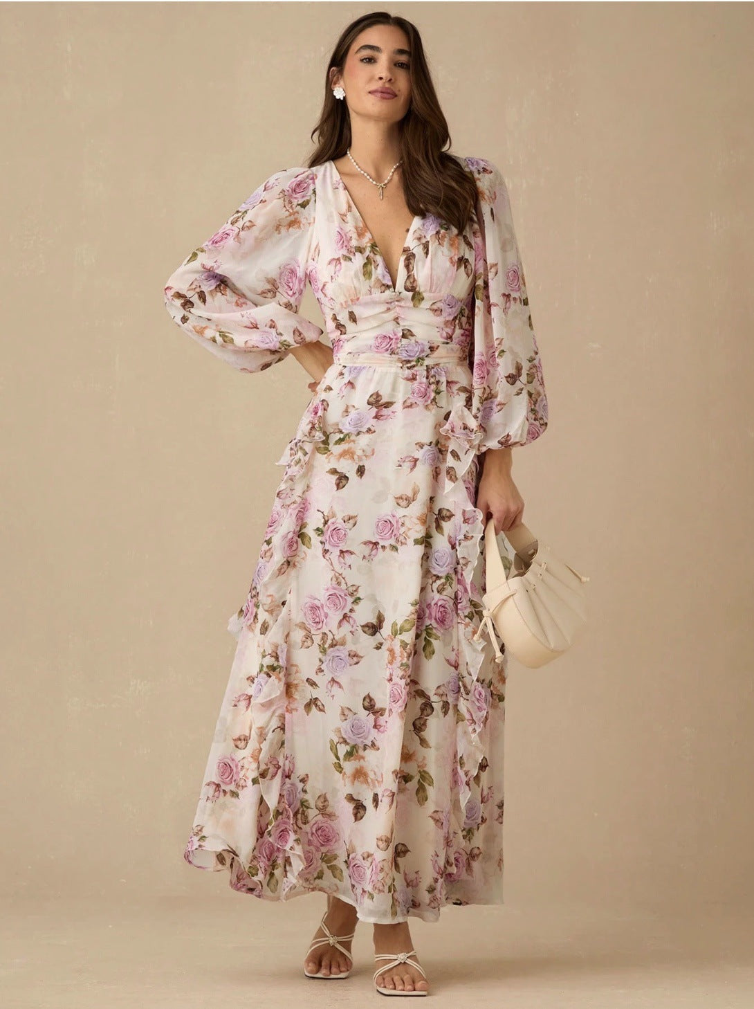 VICTORIA FLORAL V-NECK PUFF SLEEVE MAXI DRESS