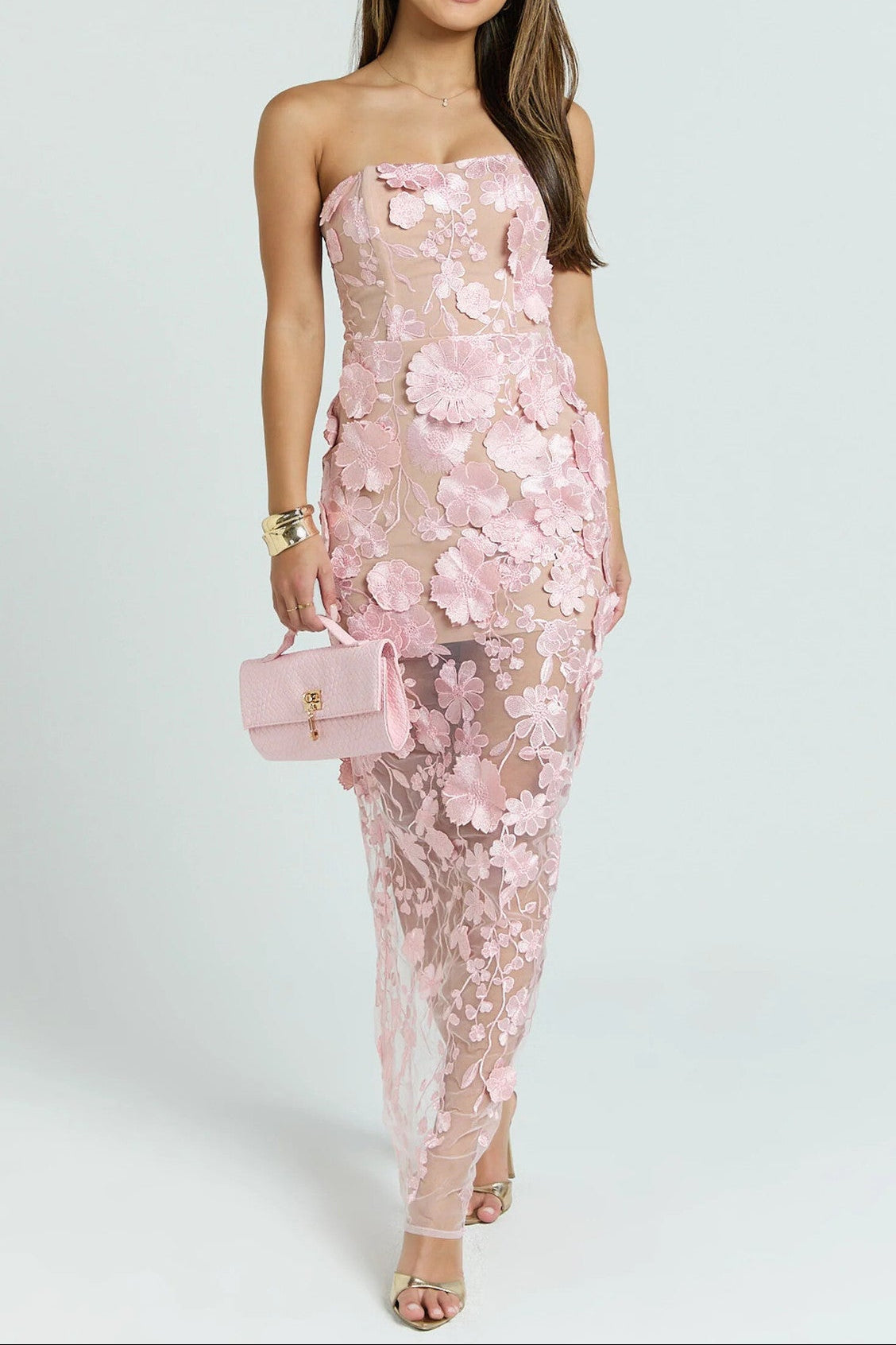 STRAPLESS 3D FLORAL MESH MAXI DRESS FOR WEDDING GUEST