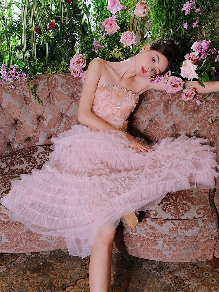 PINK PRINCESS RUFFLE MIDI STRAPLESS FLORAL DRESS