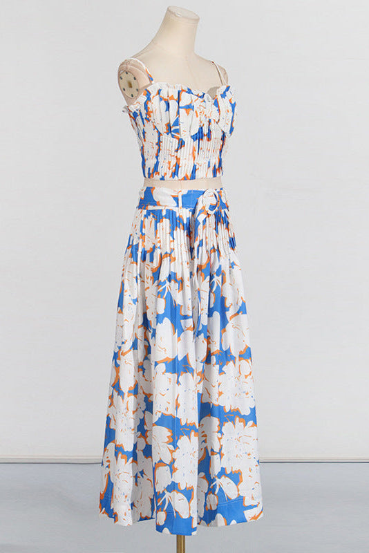 PLEATED FLORAL BUSTIER TOP & SKIRT SET, BLUE, BEACH