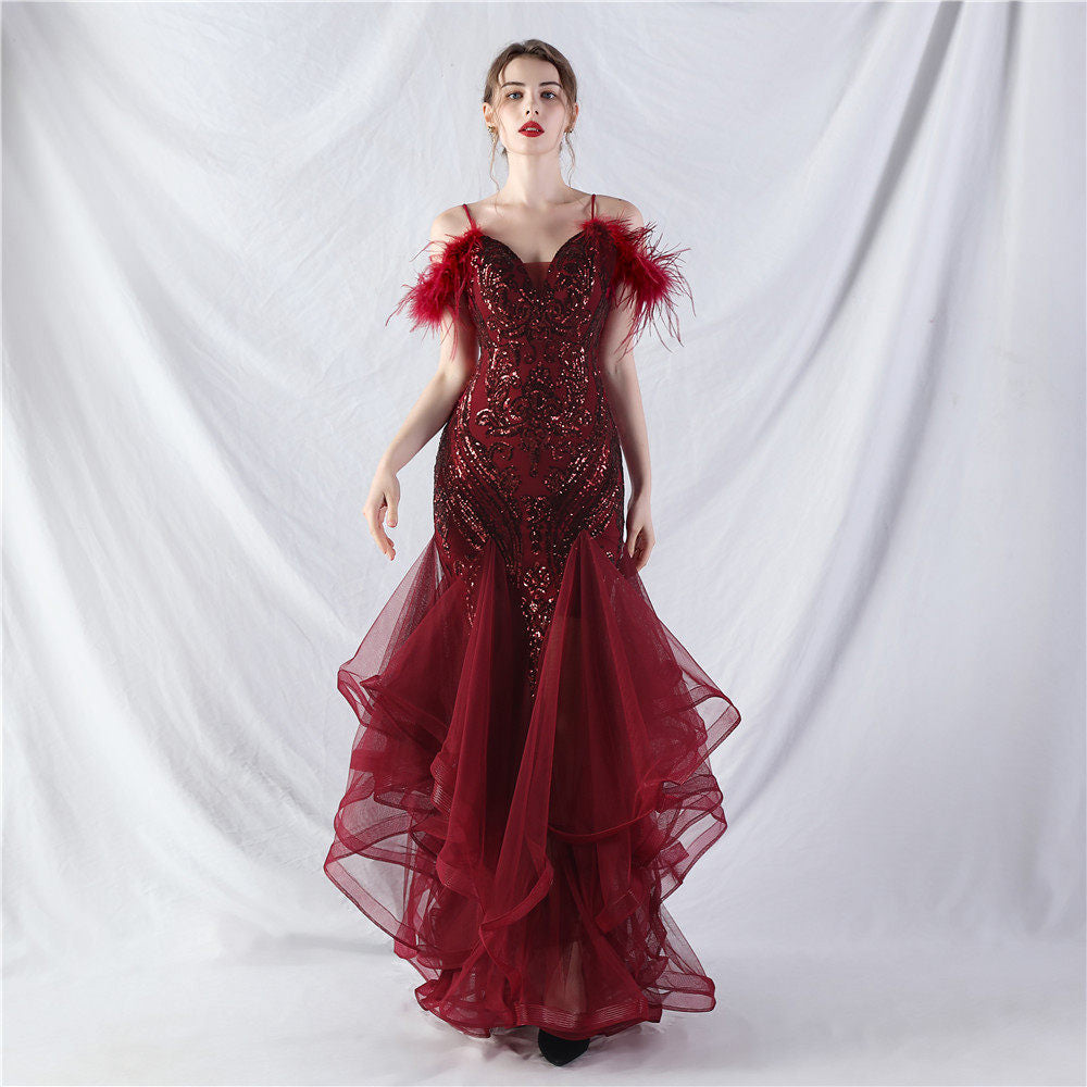FEATHER SEQUIN STRAPLESS TULLE MAXI DRESS