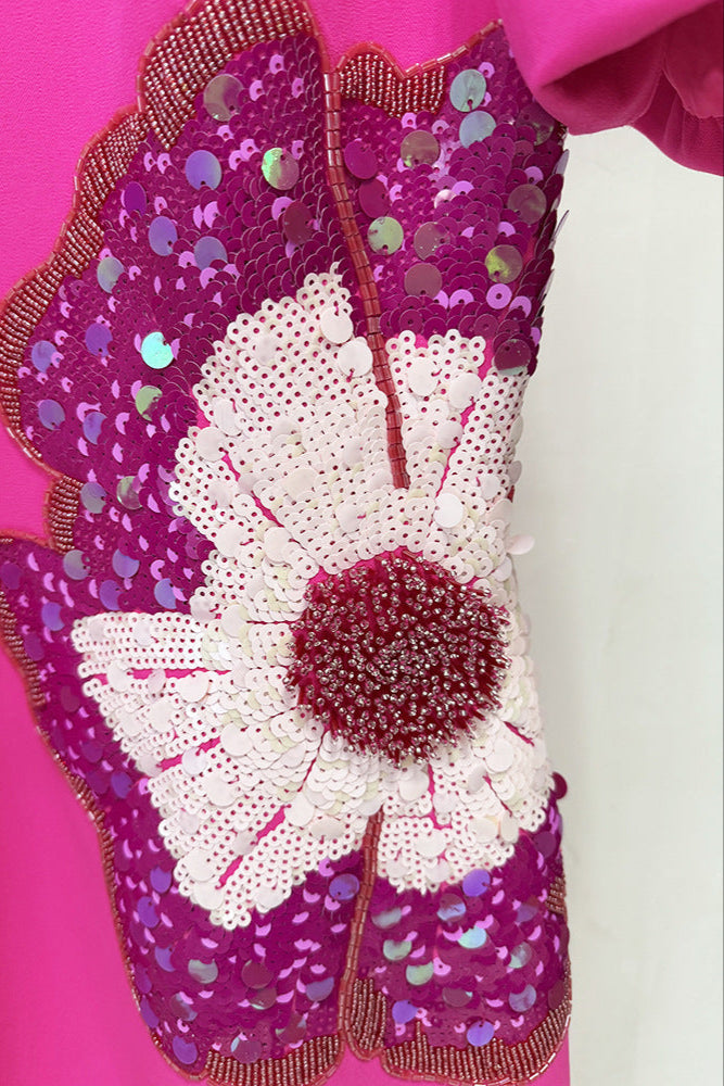 SEQUIN FLOWER PUFF SLEEVE MIDI DRESS IN PINK