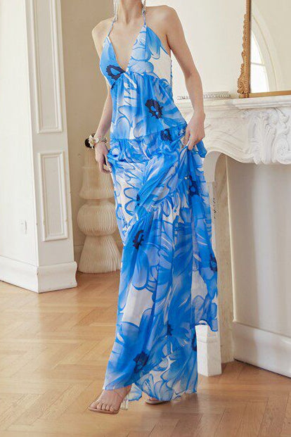 BLUE FLORAL HALTER TIERED MAXI DRESS