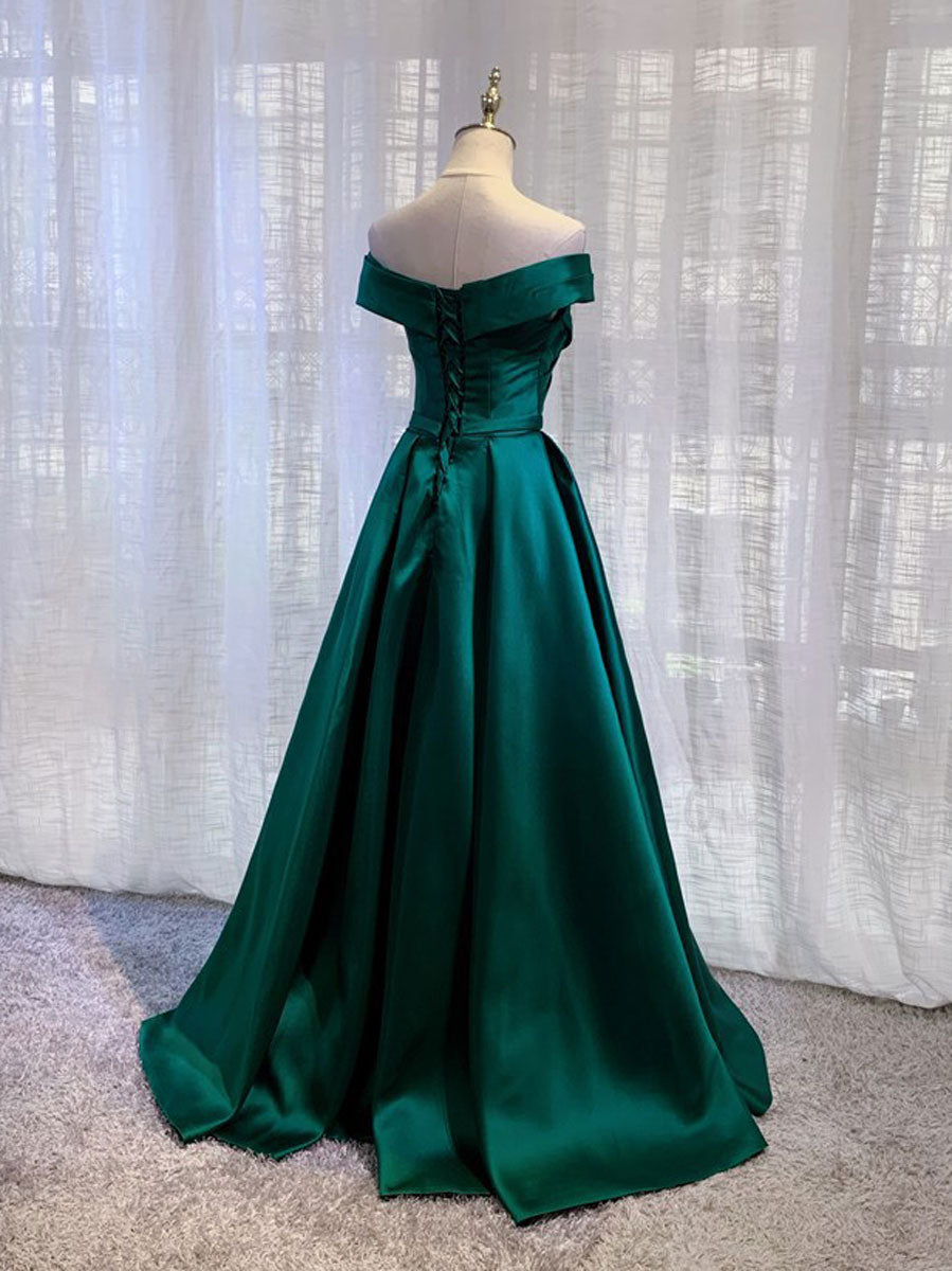 LUXE GREEN SATIN OFF-SHOULDER COCKTAIL DRESS