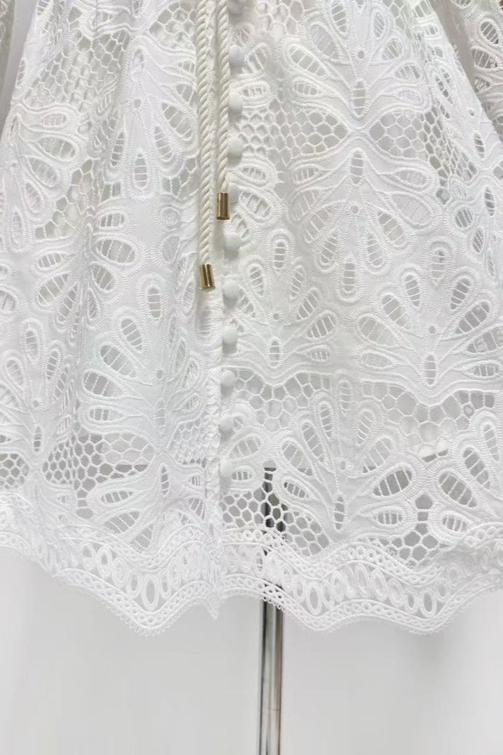LAPEL EMBROIDERED PUFF SLEEVE MINI WHITE DRESS