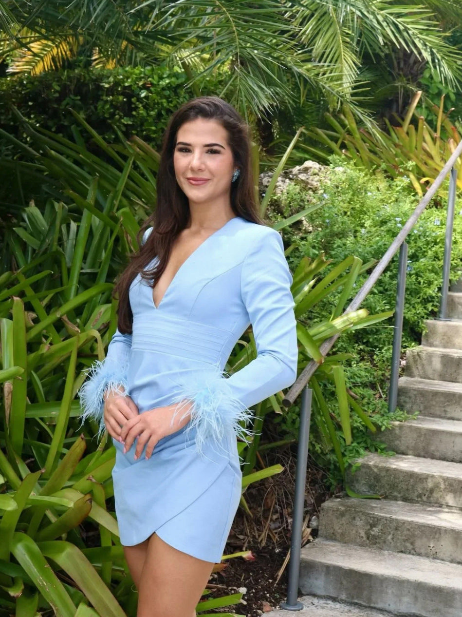 DEEP V FEATHER SLEEVE BLAZER MINI DRESS LIGHT BLUE