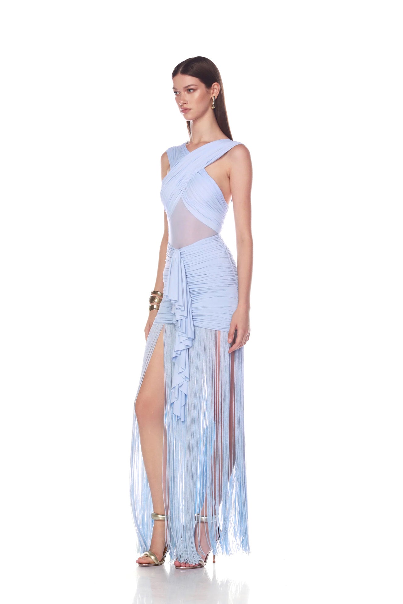 FRINGE MESH RUCHED MAXI DRESS, PARTY READY
