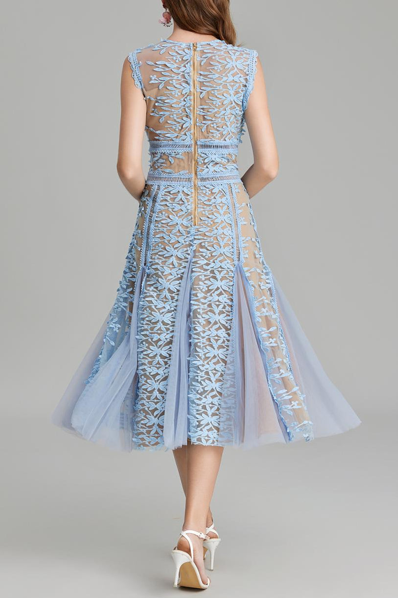 PHOENIX BLUE 3D LACE MIDI DRESS FOR EVENING