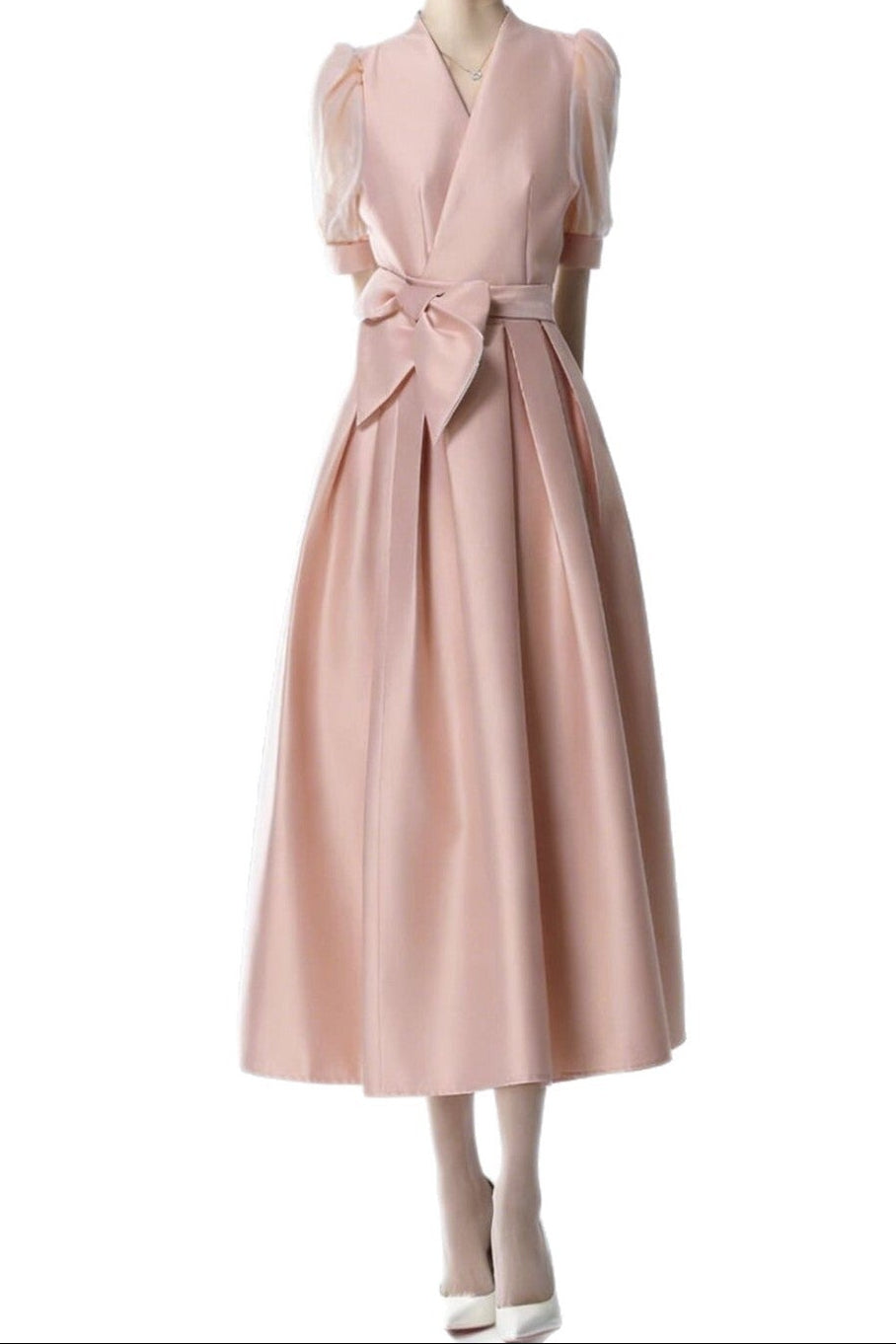 SATIN PUFF SLEEVE BOW BELT MIDI DRESS