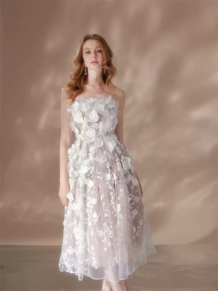 ANNA CRYSTAL FLORAL MIDI DRESS WHITE EMBROIDERY