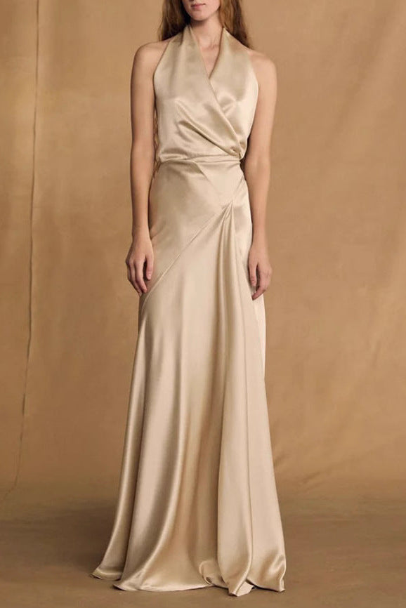 KAY CHAMPAGNE SATIN HALTER MAXI DRESS
