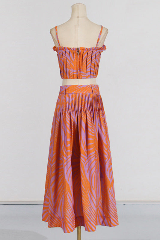 PLEATED FLORAL BUSTIER TOP & SKIRT SET, BLUE, BEACH