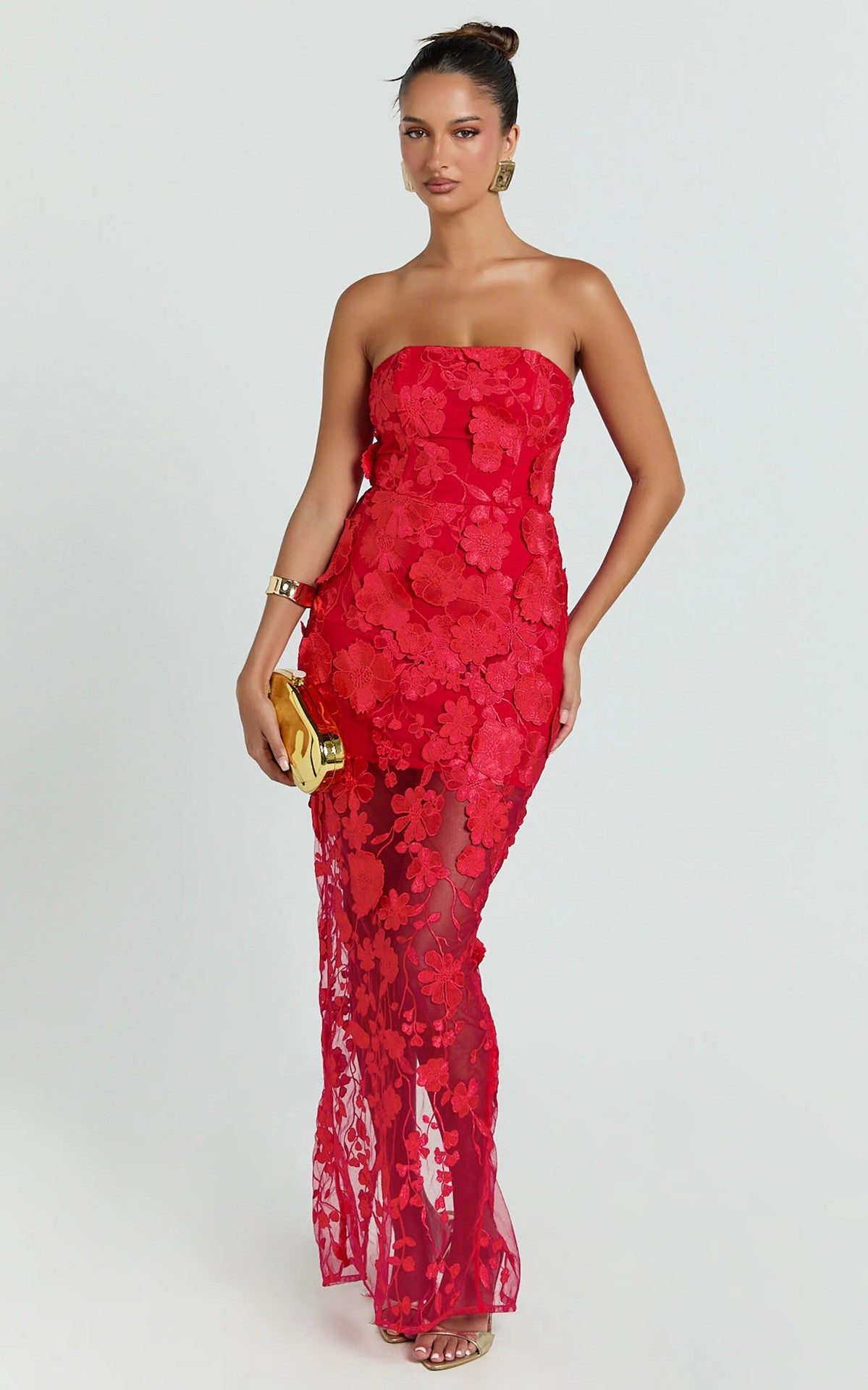 STRAPLESS 3D FLORAL MESH MAXI DRESS FOR WEDDING GUEST