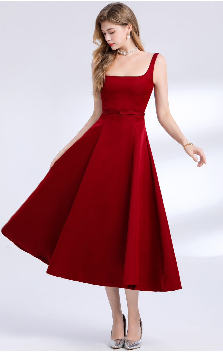 RED SATIN SQUARE NECK SLIP MIDI DRESS