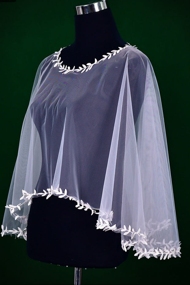 WHITE LEAF EMBROIDERY TULLE WEDDING CAPE SHRUG