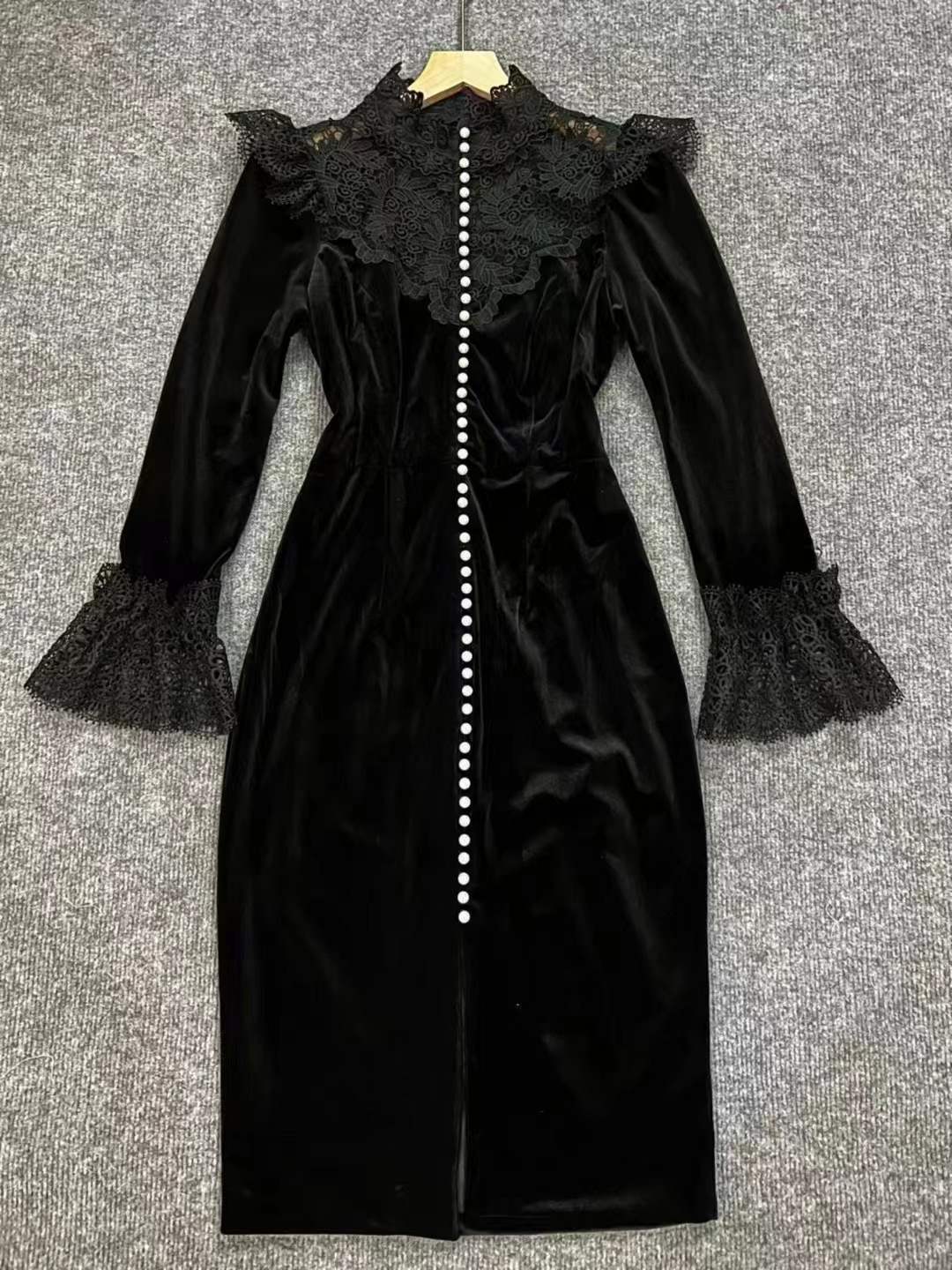 PANDORA BLACK VELVET LACE MIDI DRESS - PEARL SLEEVE, FORMAL