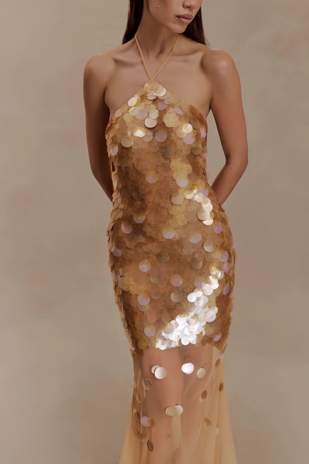 ALVA GOLD BACKLESS SEQUIN MAXI DRESS