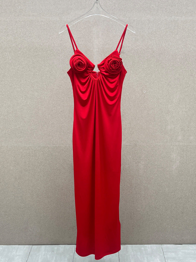 ROSE APPLIQUÉ STRAPLESS RED MAXI DRESS