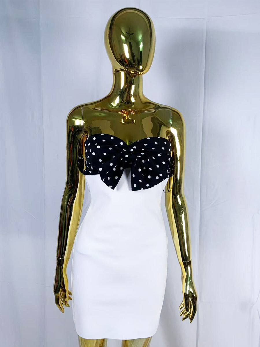 MICHAELIA WHITE POLKA DOT BANDAGE MINI DRESS WITH BOW