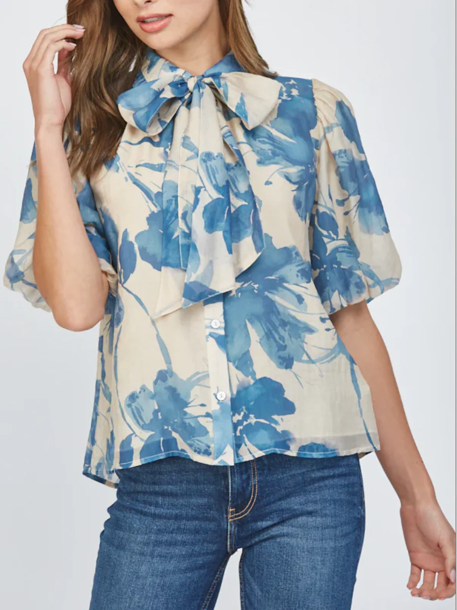 BEIGE & BLUE WATERCOLOR FLORAL BOW BLOUSE FOR WEDDING