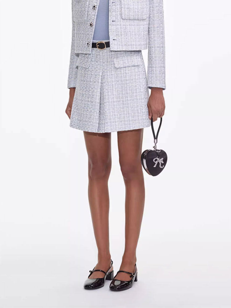 ZENOBIA PALE BLUE TWEED MINI SKIRT FOR COCKTAIL PARTY