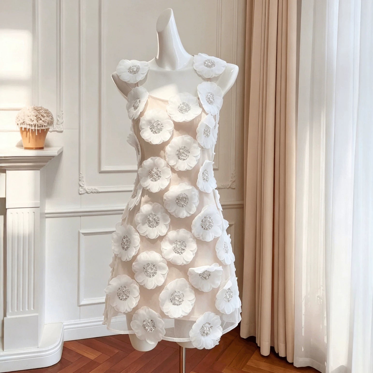 LOLA RHINESTONE 3D FLOWER MINI DRESS - WHITE