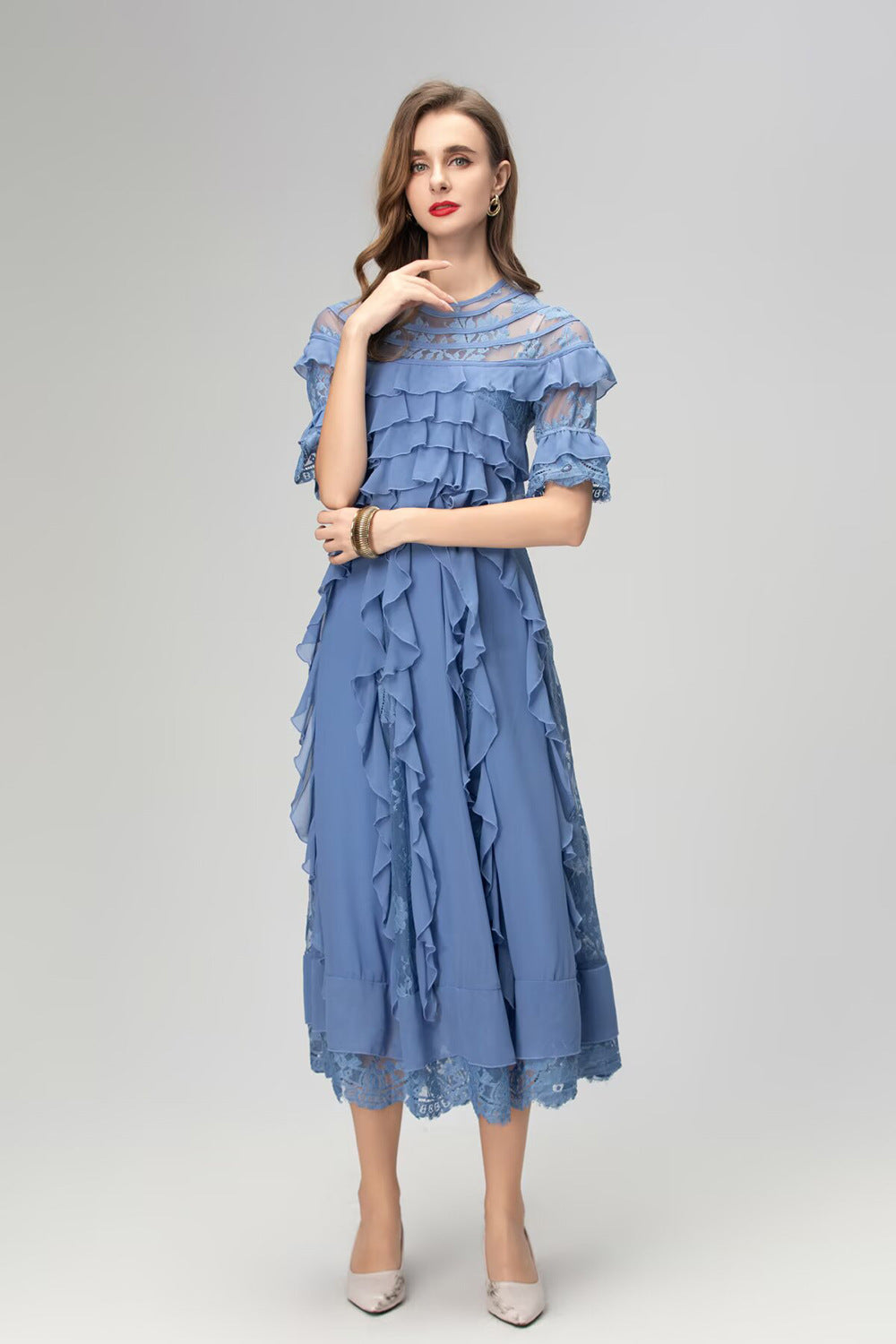 LORRAINE LACE MIDI DRESS WITH RUFFLE TRIM IN BLUE
