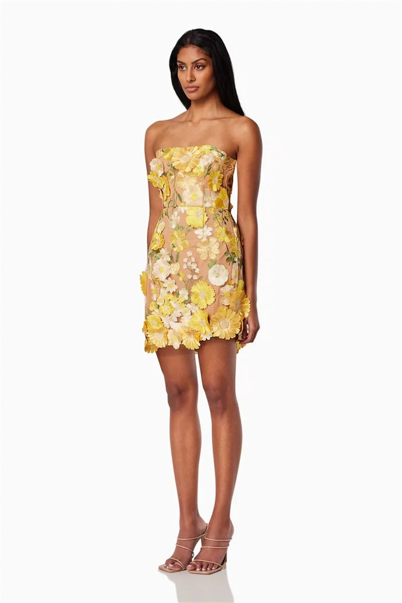 FLORAL STRAPLESS MINI DRESS YELLOW PARTY
