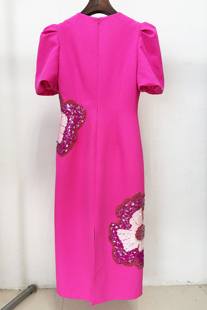 SEQUIN FLOWER PUFF SLEEVE MIDI DRESS IN PINK