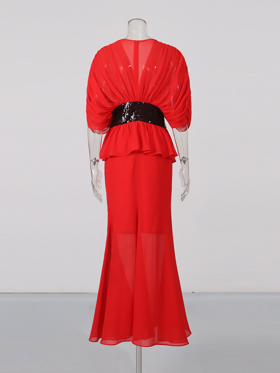 YVETTE V-NECK FISHTAIL BODYCON MAXI DRESS - RED