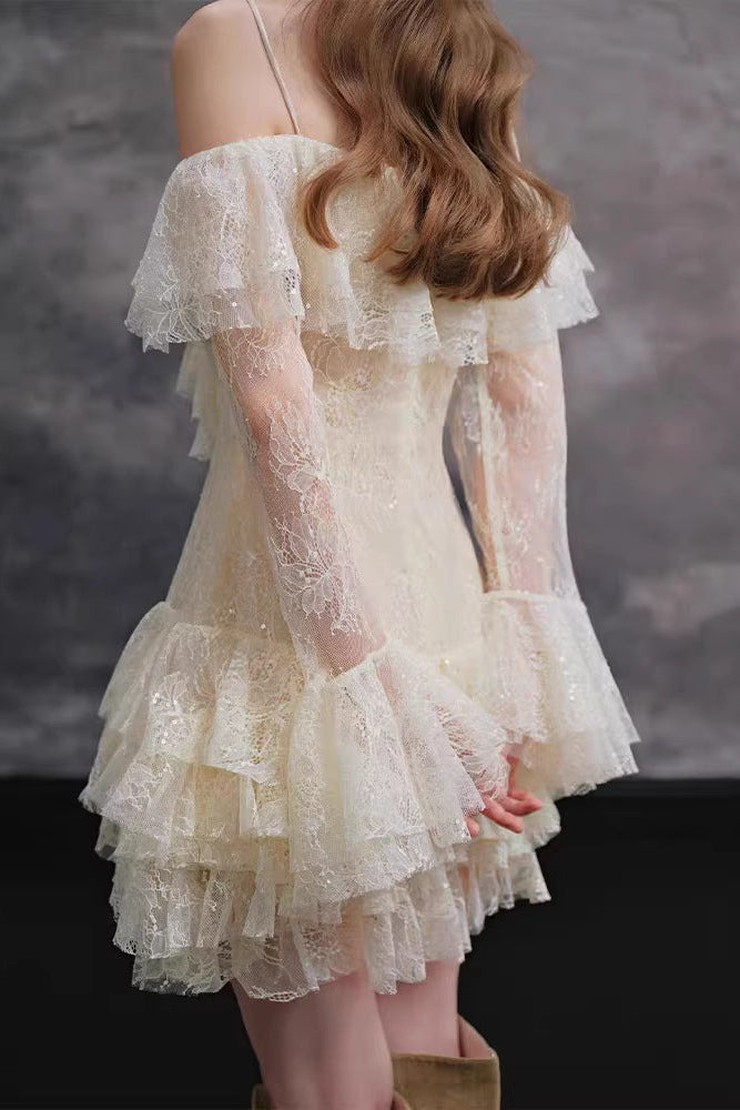 ELISHA OFF-SHOULDER LACE RUFFLE MINI DRESS