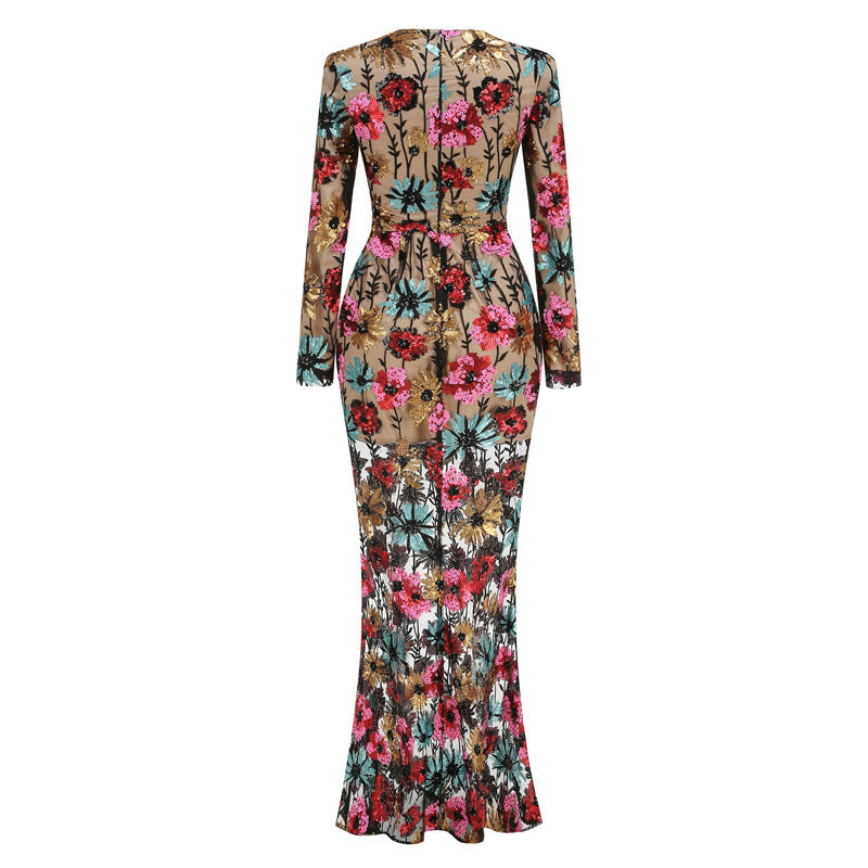 COLORFUL FLORAL EMBROIDERED MAXI DRESS FOR PARTIES
