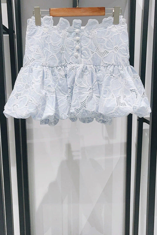 SKY BLUE LACE FLOWER EMBROIDERY MINI SKIRT