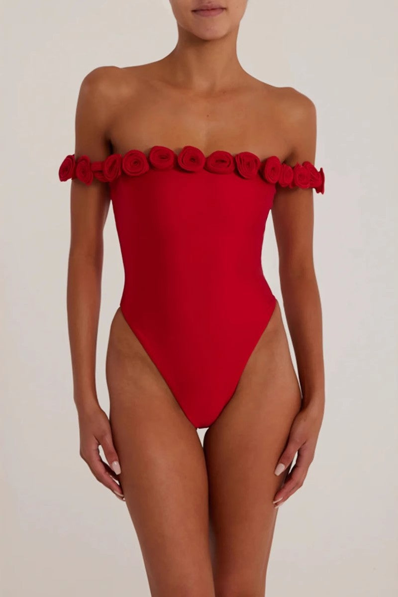 3D FLOWER RED STRAPLESS BODYSUIT FOR PARTY