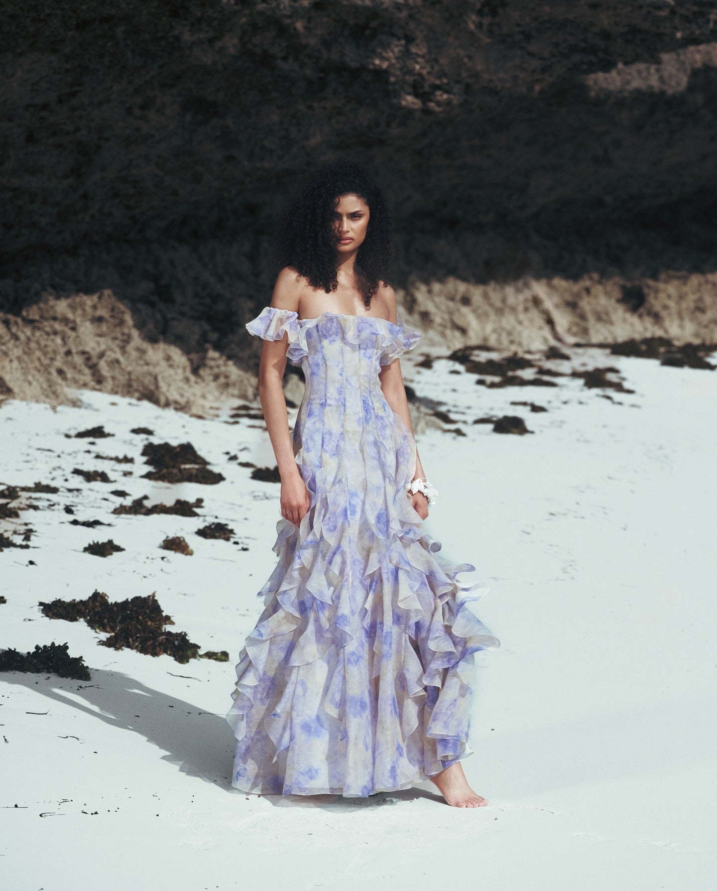 HELEN FLORAL FRILL OFF-SHOULDER MAXI DRESS BLUE