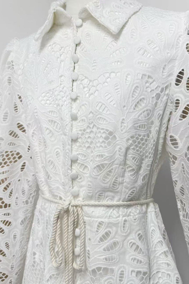 LAPEL EMBROIDERED PUFF SLEEVE MINI WHITE DRESS