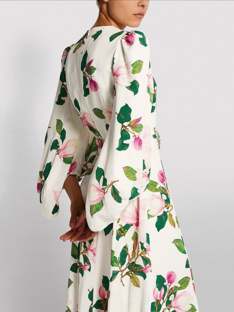 WHITE FLORAL SATIN MAXI DRESS WITH BALLOON SLEEVES