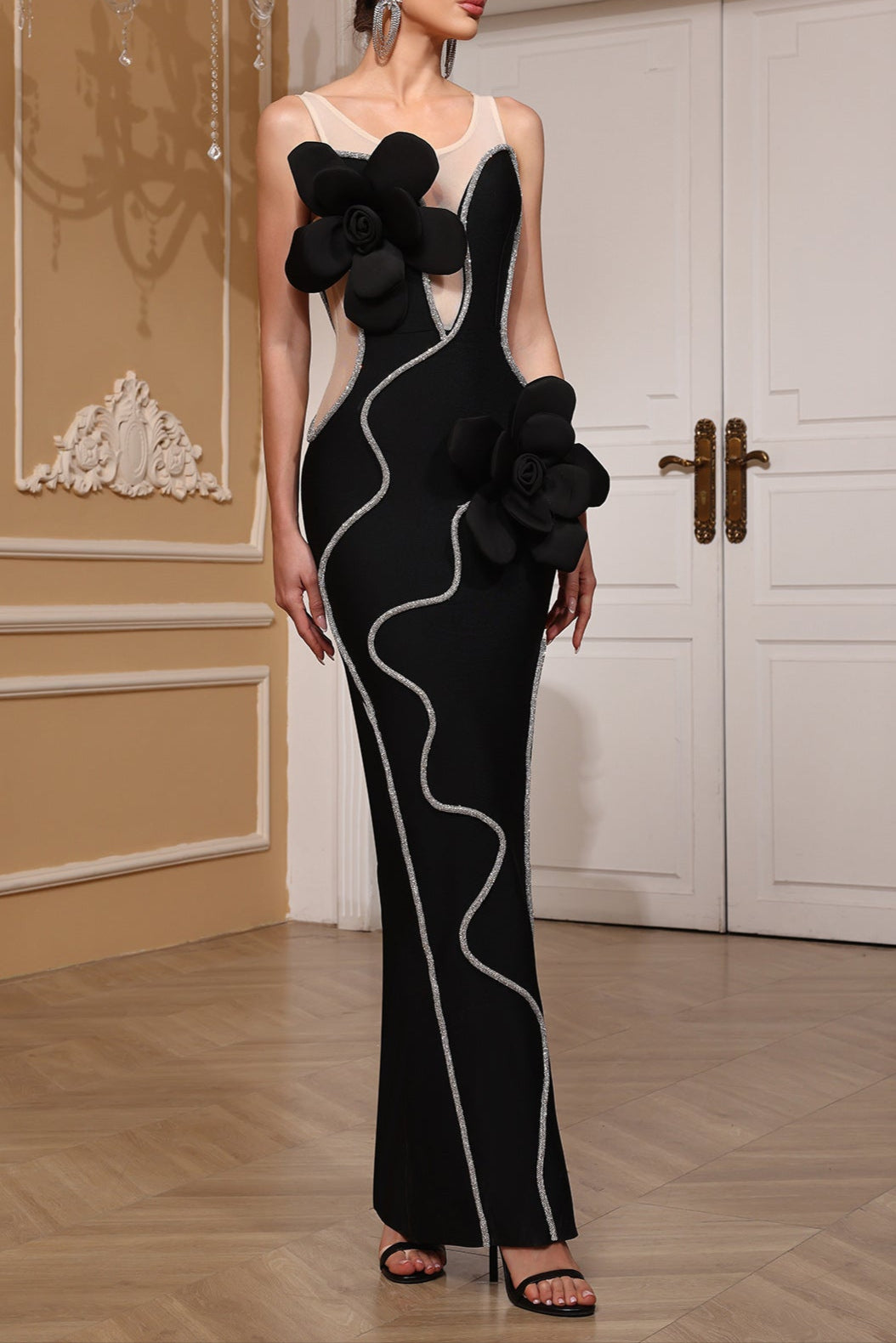 GLITTERING 3D FLOWER BANDAGE MAXI DRESS, BLACK