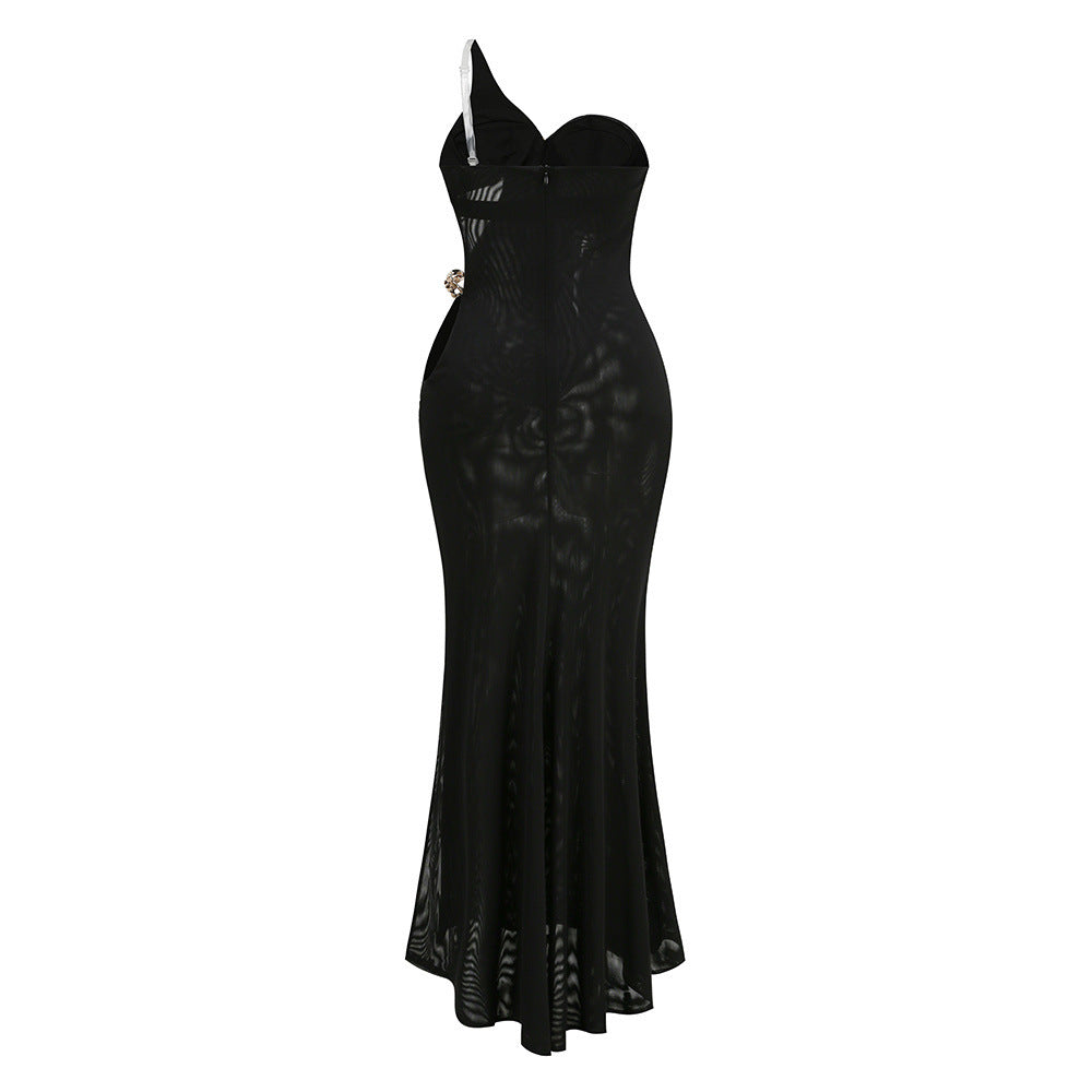 ELVIRA ONE-SHOULDER CHAIN MAXI DRESS BLACK