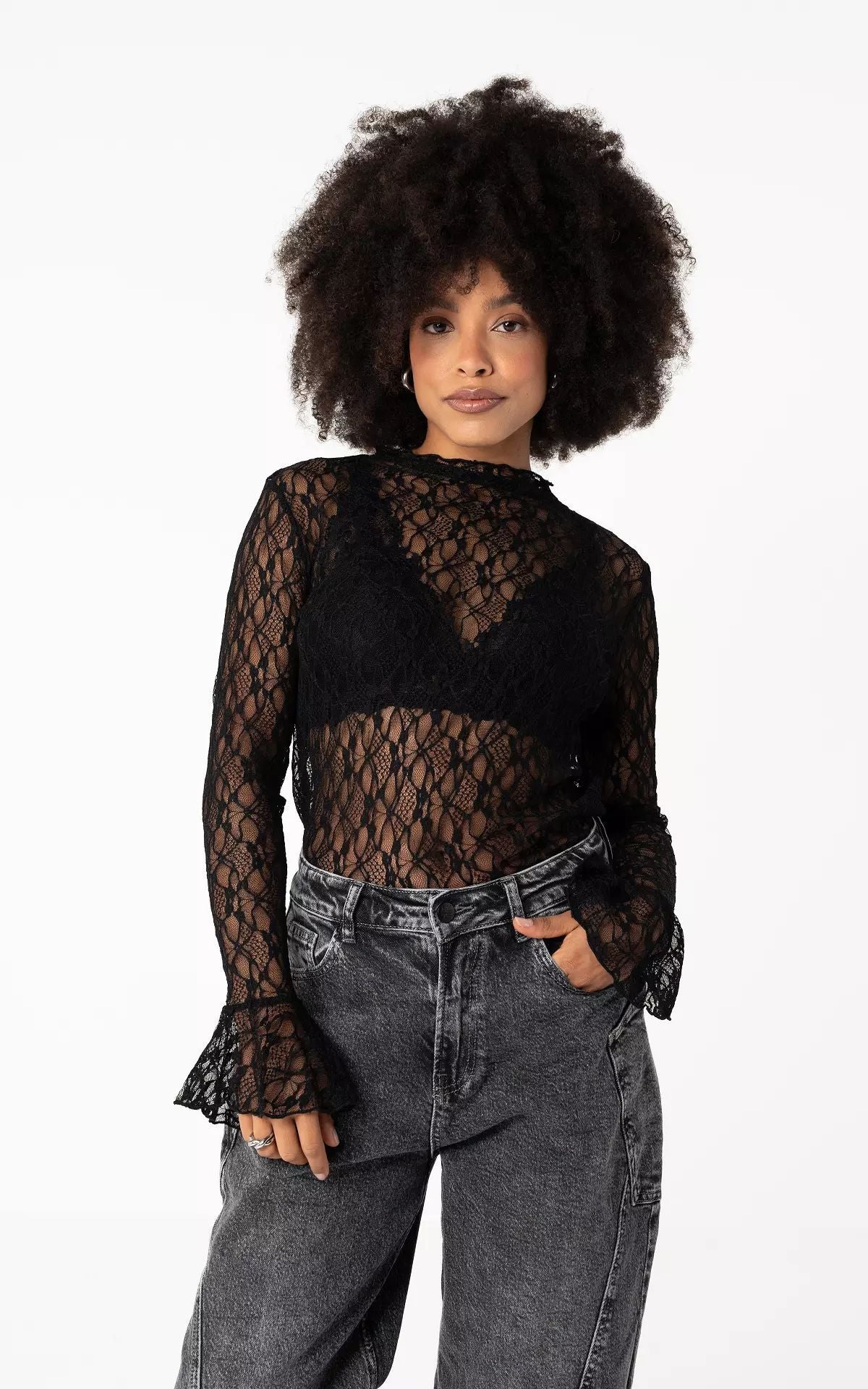 LACE LONG SLEEVE SHEER CUT-OUT TOP